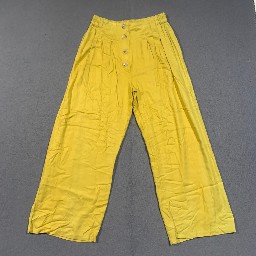 Angie Wide Leg Pants Women M Yellow Green High Rise Button Front Boho Rayon Pant